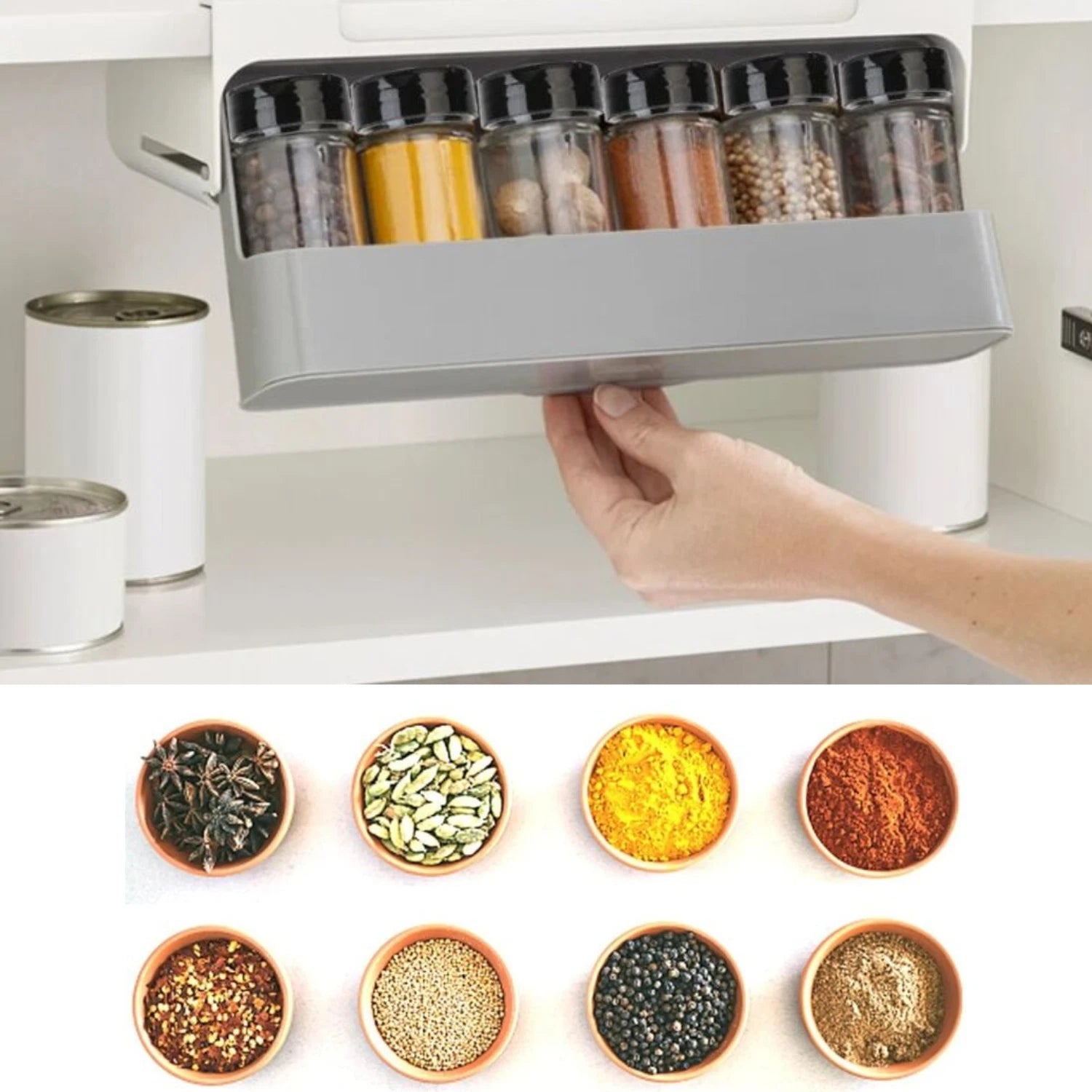 Support mural pivotant avec bocaux à épices – Organiseur de cuisine sous étagère (6 pots inclus)